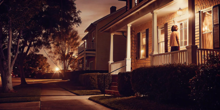 Woman on a porch considering the pros and cons of inheriting a paid-off house.