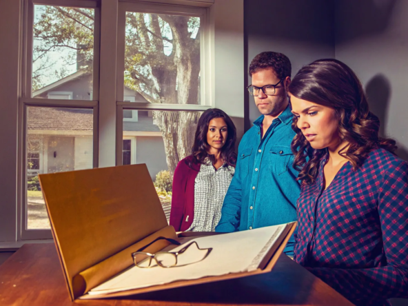 Home buyers reviewing the legal documents required to finance a probate sale.