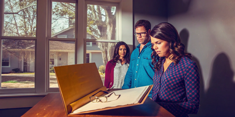 Home buyers reviewing the legal documents required to finance a probate sale.