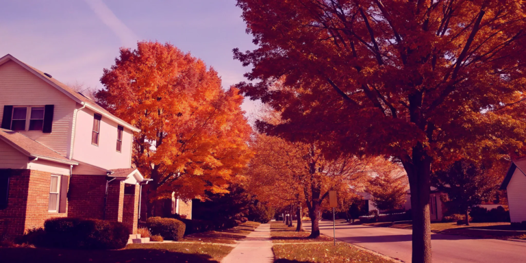 A suburban home on an autumn street, weighing the pros and cons of selling a house as is.