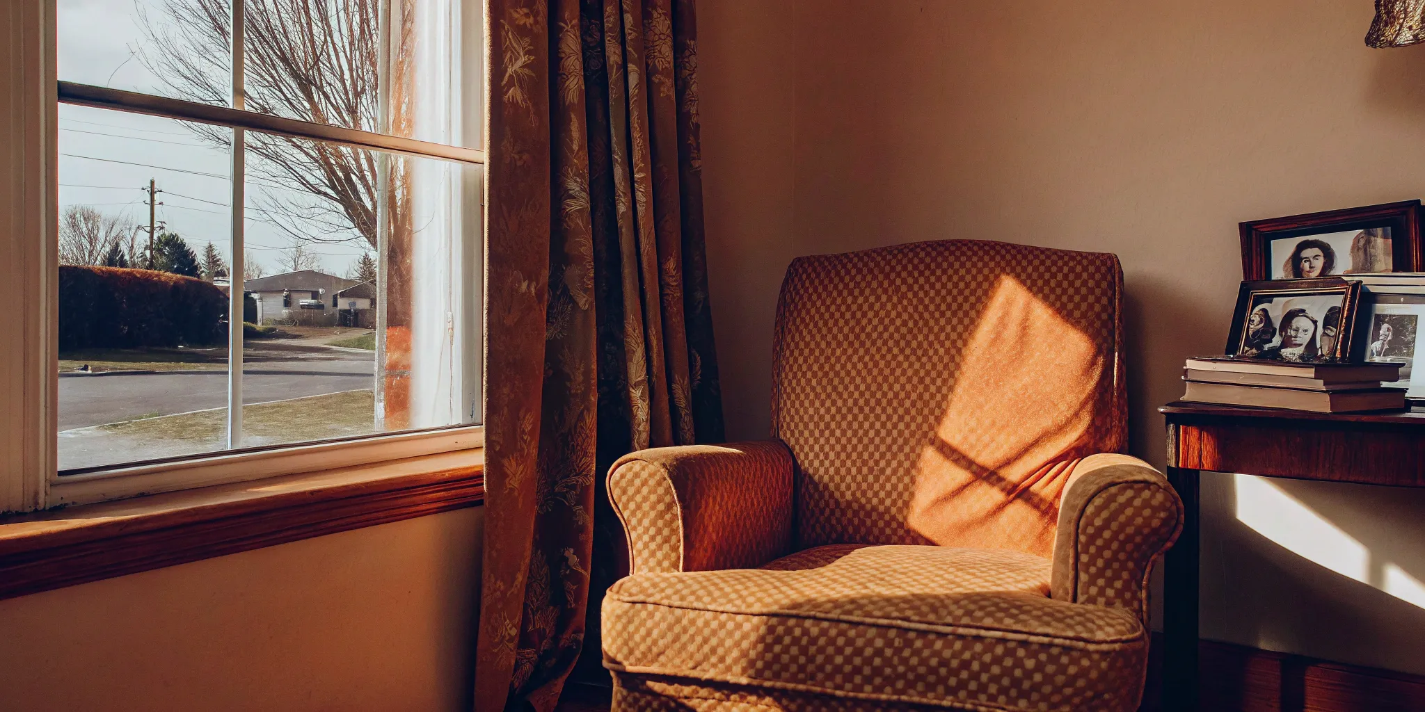 Living room with family photos, a situation faced when inheriting a house that is not paid off.