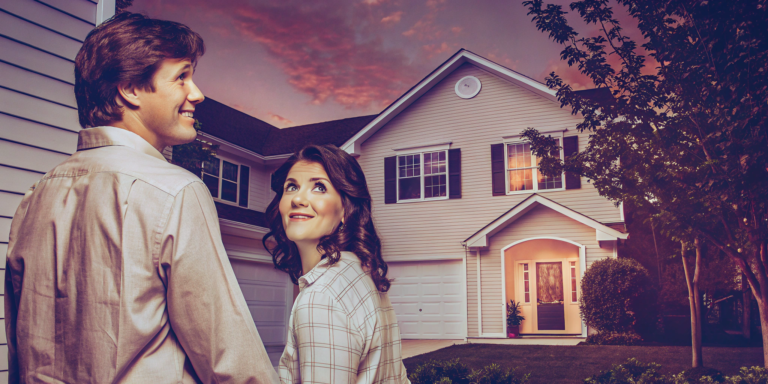 A couple in front of their house, selling it without paying closing costs.