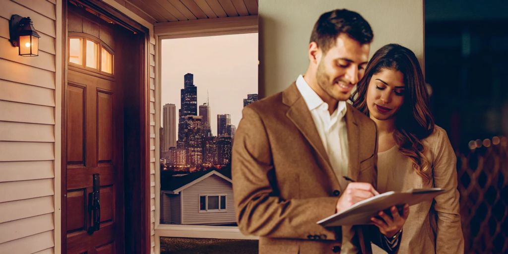 Couple signing paperwork for a commission-free house sale in Chicago.
