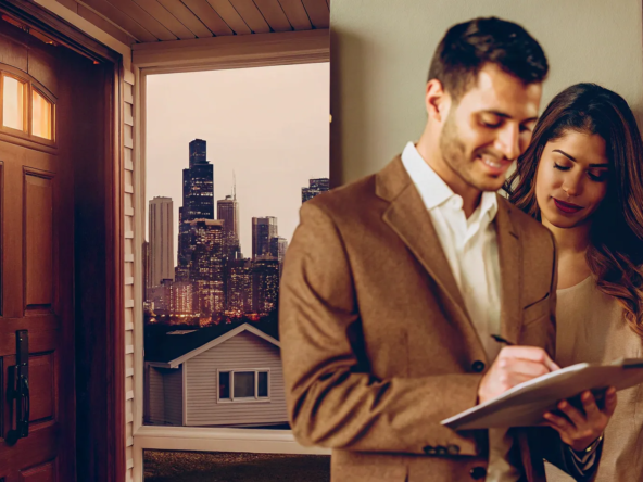 Couple signing paperwork for a commission-free house sale in Chicago.