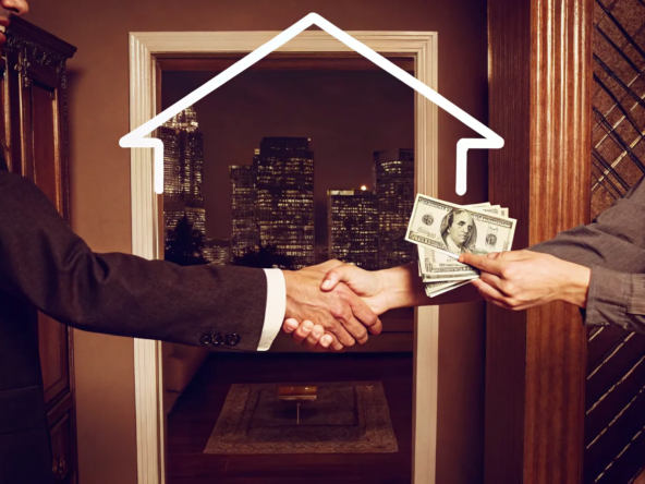 Two people shaking hands over a cash offer for a house during a job relocation.