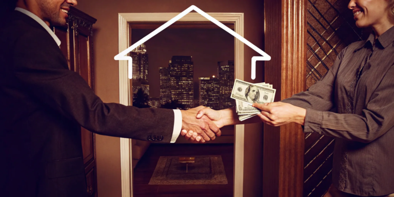 Two people shaking hands over a cash offer for a house during a job relocation.
