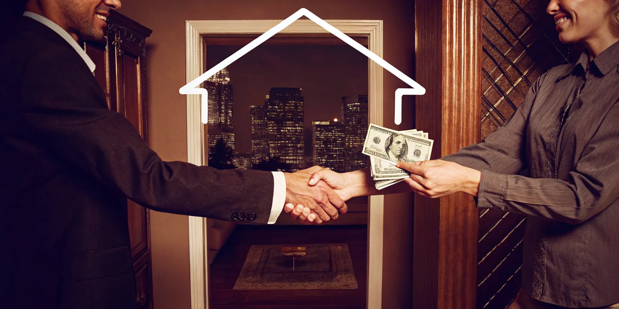 Two people shaking hands over a cash offer for a house during a job relocation.