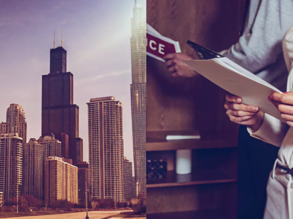 People reviewing documents to sell an inherited property with the Chicago skyline in the background.