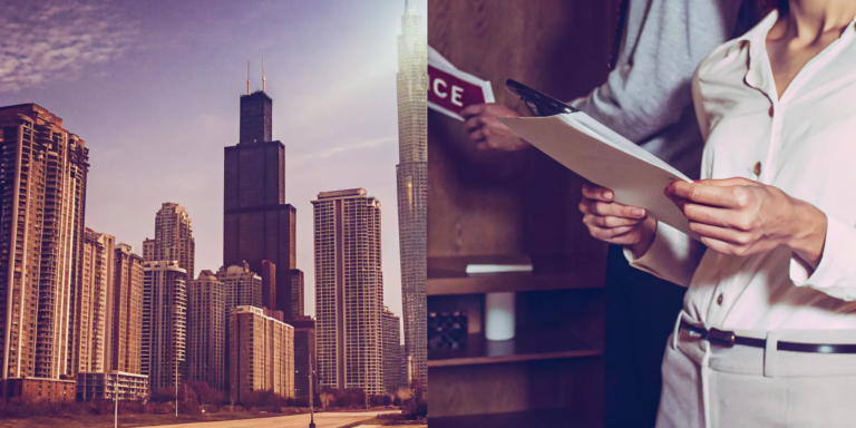 People reviewing documents to sell an inherited property with the Chicago skyline in the background.