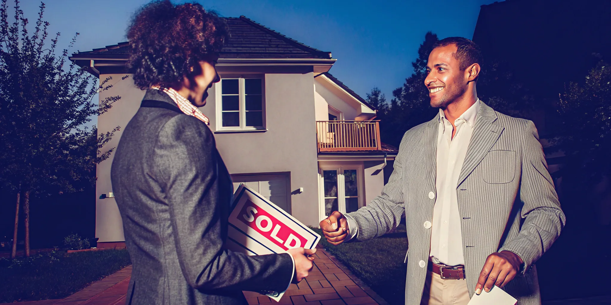 Two people finalize a quick home sale for cash with a handshake in front of a sold sign.