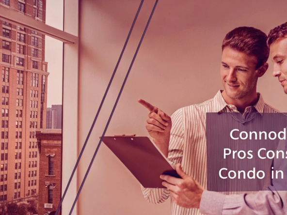 Two men review documents for a no-inspection condo sale in a Chicago high-rise.