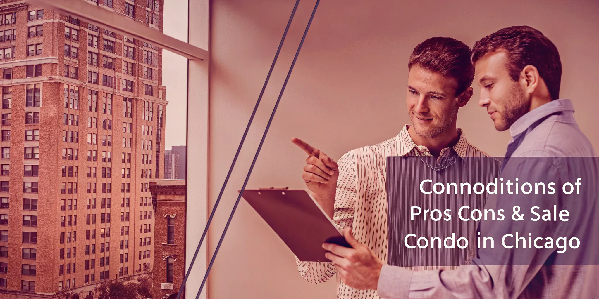 Two men review documents for a no-inspection condo sale in a Chicago high-rise.