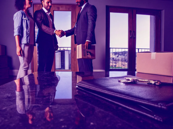 Real estate agent helps a couple sell their house for a job relocation.